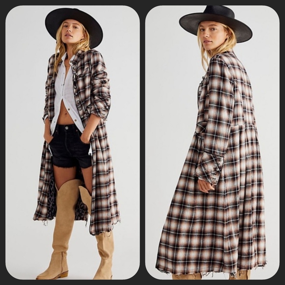 We The Free People ODESSA Military Style Plaid Trench Coat Duster Jacket READ!! - Picture 2 of 16